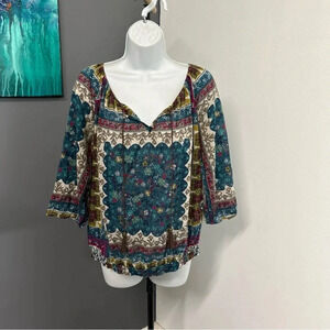 Woman's XL Floral Keyhole Tassel Peasant Top Smocked‎ Cottagecore Coquette Boho